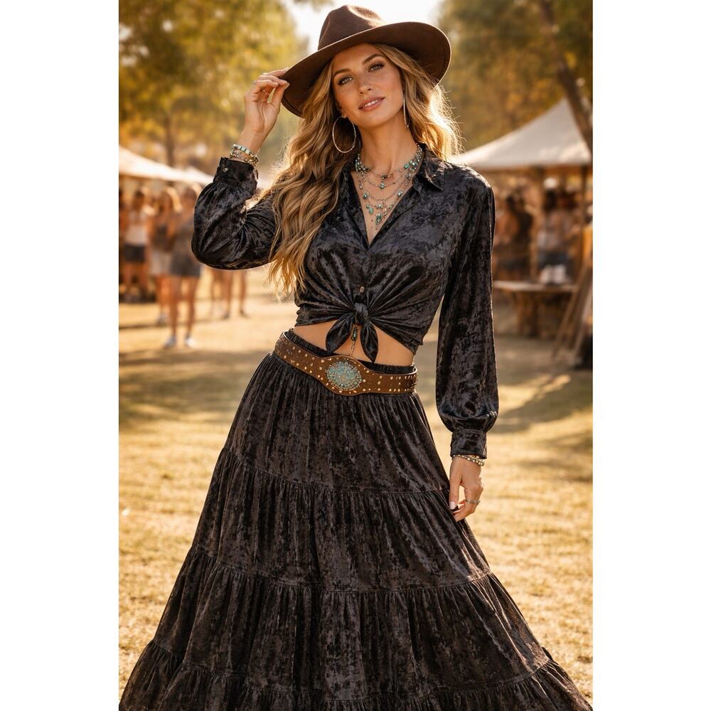 Vtg Southwest Canyon Black Velvet‎ Skirt Set Western Gypsy Whimsygoth Witchy M/L